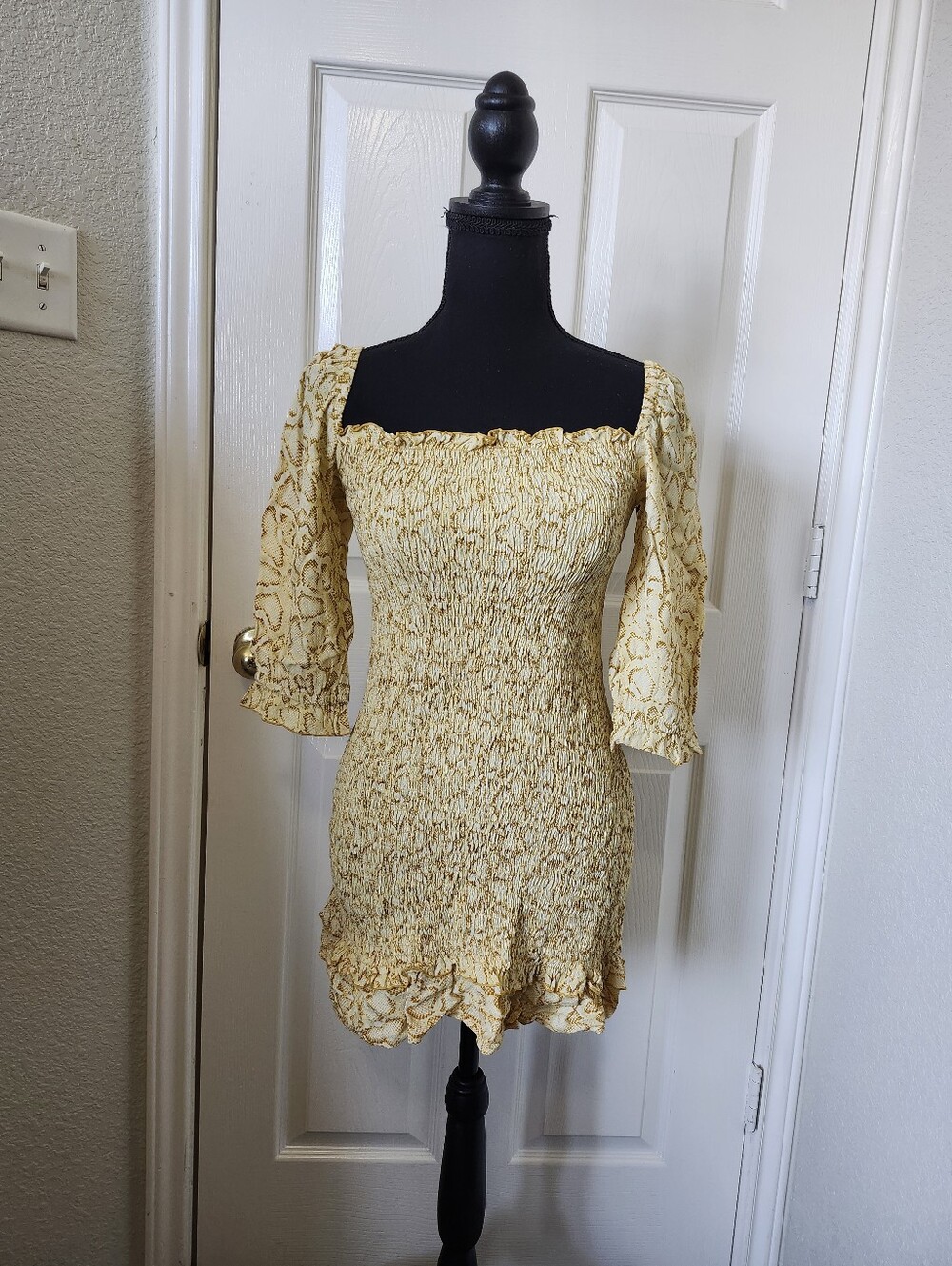 Faithfull The Brand Smocked Yellow Floral Square-Neck Mini Dress